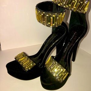 Chinese Laundry stilettos. Black velvet with gold jewels.  Ankle cuff and zipper